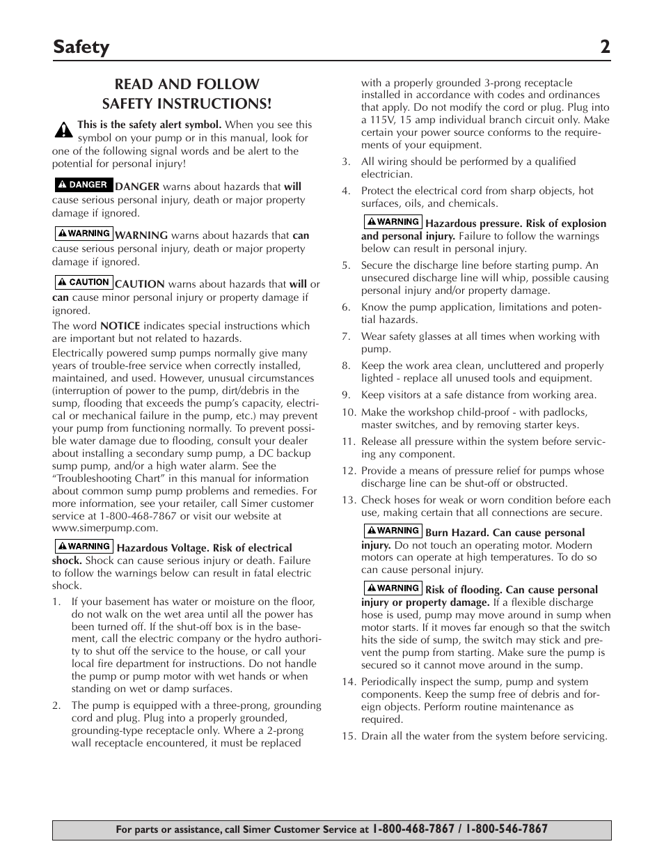 Safety 2, Read and follow safety instructions | Simer Pumps PLUMBER'S CLASSIC 1/2HP CAST 3997 User Manual | Page 2 / 20