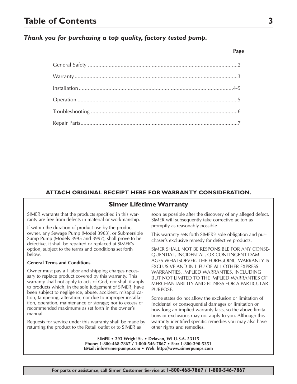 Table of contents 3, Simer lifetime warranty | Simer Pumps PLUMBER'S CLASSIC 1/2HP CAST 3997 User Manual | Page 3 / 20