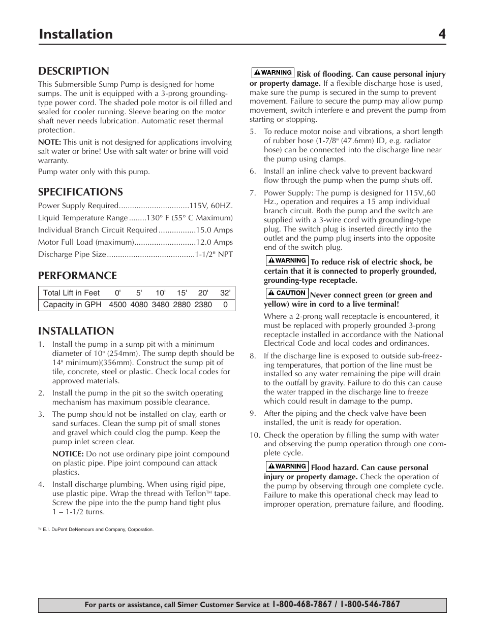 Installation 4, Description, Specifications | Performance installation | Simer Pumps PLUMBER'S CLASSIC 1/2HP CAST 3997 User Manual | Page 4 / 20