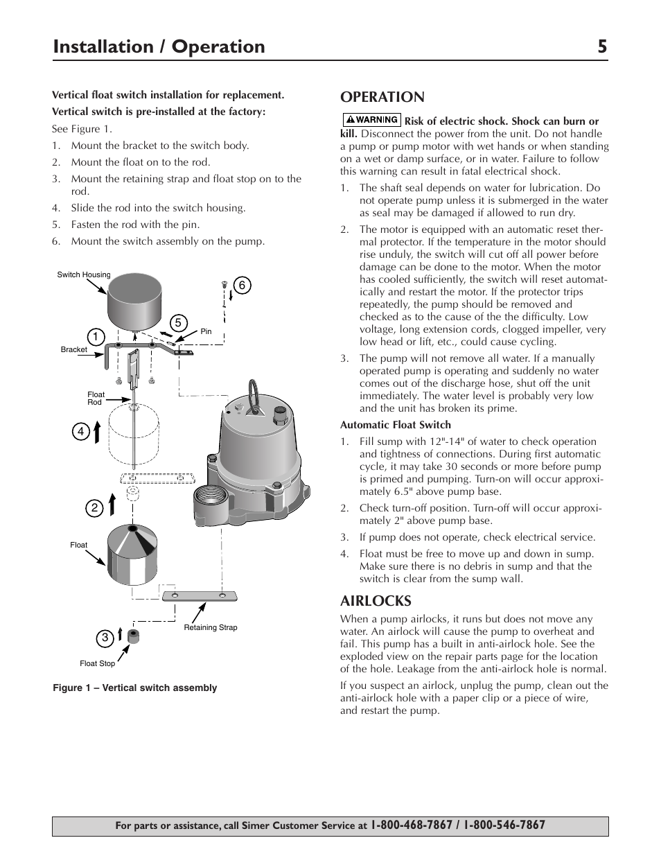 Installation / operation 5, Operation, Airlocks | Simer Pumps PLUMBER'S CLASSIC 1/2HP CAST 3997 User Manual | Page 5 / 20