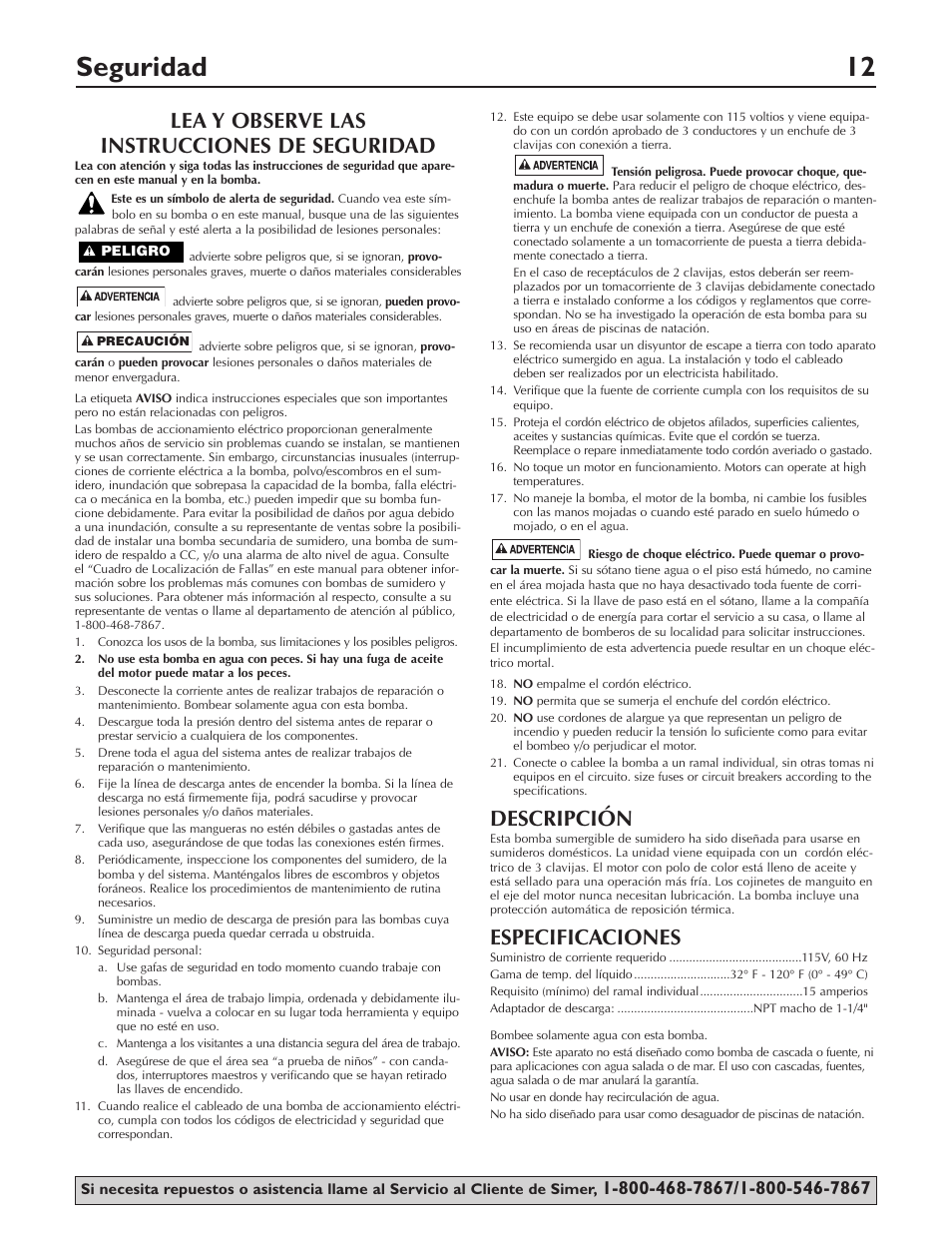 Seguridad 12, Lea y observe las instrucciones de seguridad, Descripción | Especificaciones | Simer Pumps 2905-04 User Manual | Page 12 / 16