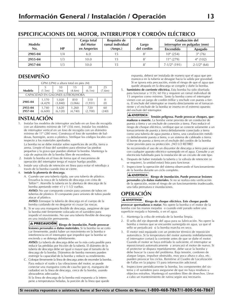 Información general / instalación / operación 13, Desempeño instalación, Operación | Simer Pumps 2905-04 User Manual | Page 13 / 16