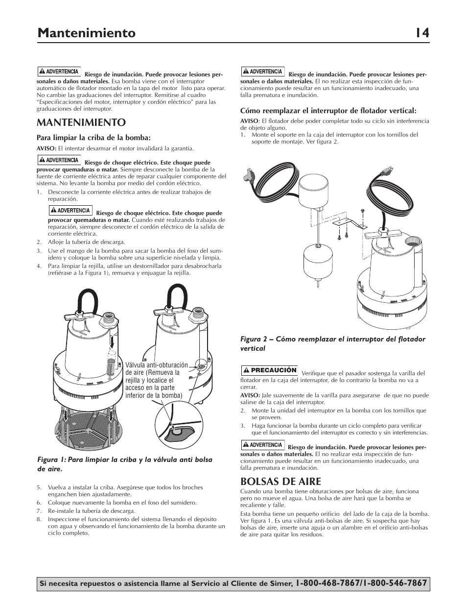 Mantenimiento 14, Mantenimiento, Bolsas de aire | Simer Pumps 2905-04 User Manual | Page 14 / 16