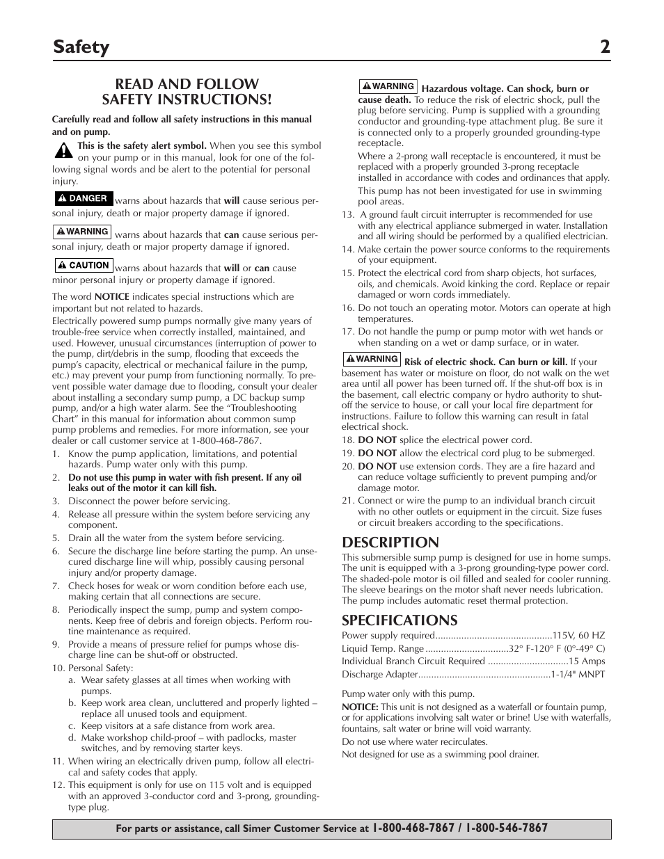 Safety 2, Read and follow safety instructions, Description | Specifications | Simer Pumps 2905-04 User Manual | Page 2 / 16