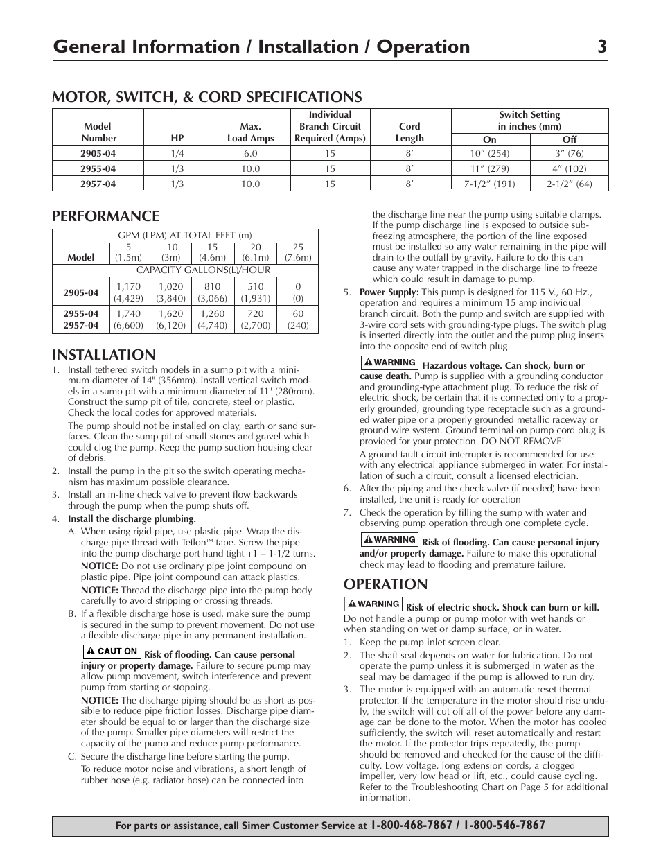 General information / installation / operation 3, Performance installation, Operation | Motor, switch, & cord specifications | Simer Pumps 2905-04 User Manual | Page 3 / 16