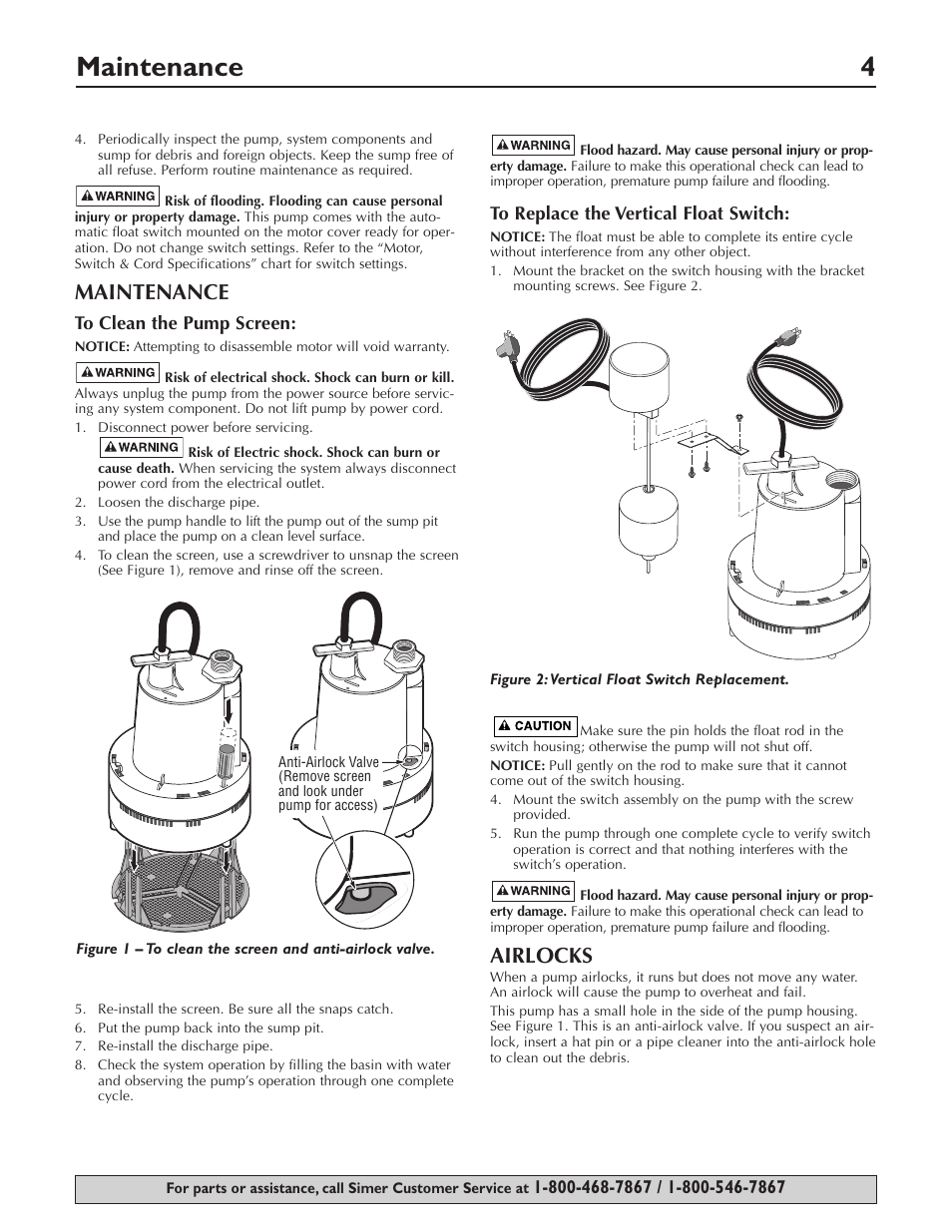 Maintenance 4, Maintenance, Airlocks | Simer Pumps 2905-04 User Manual | Page 4 / 16