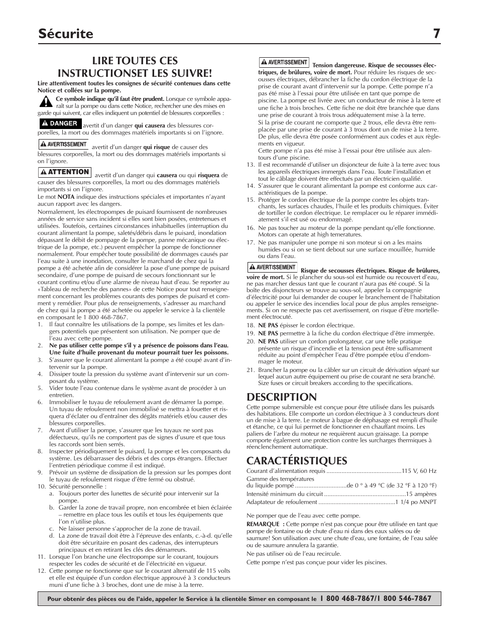 Sécurite 7, Lire toutes ces instructionset les suivre, Description | Caractéristiques | Simer Pumps 2905-04 User Manual | Page 7 / 16