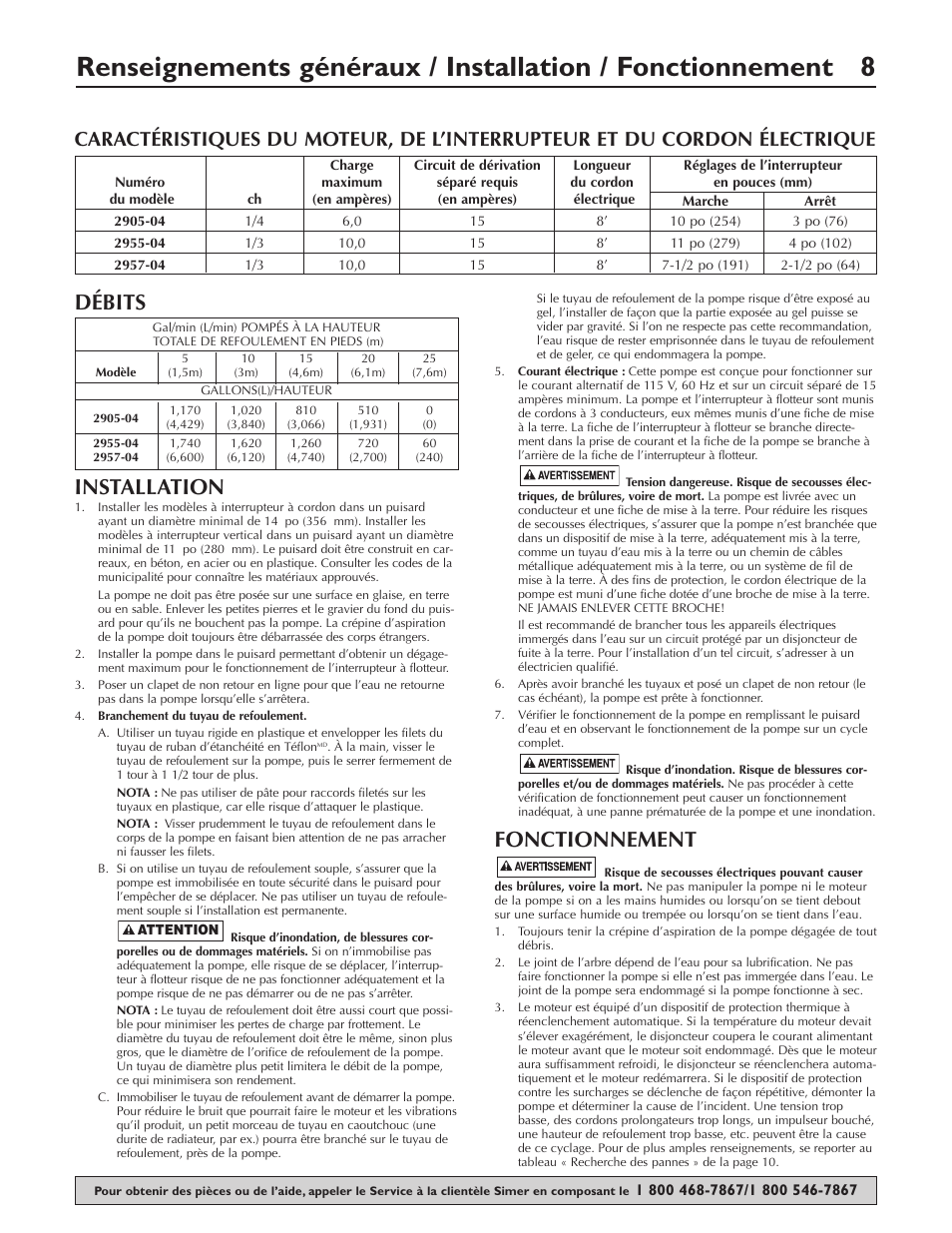 Débits installation, Fonctionnement | Simer Pumps 2905-04 User Manual | Page 8 / 16