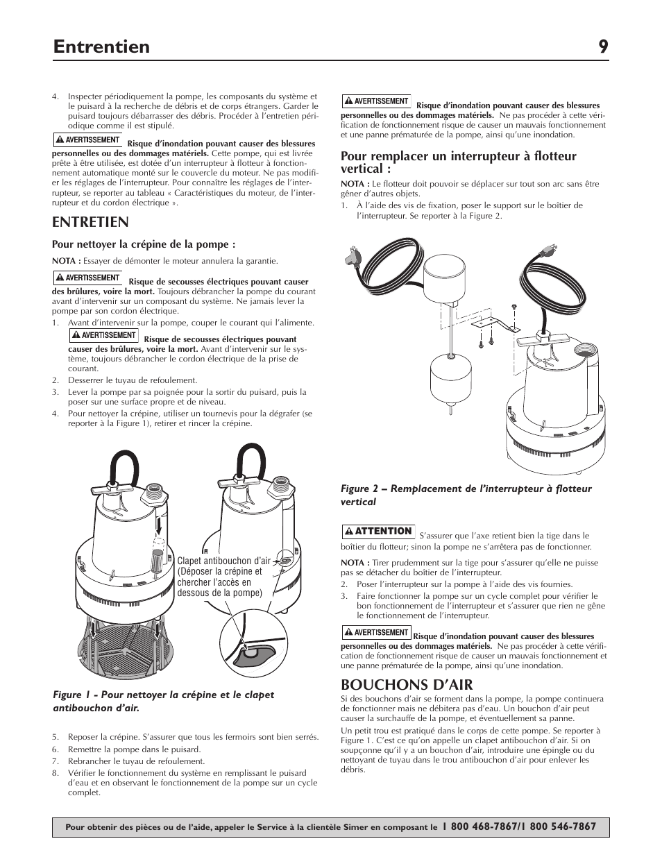 Entrentien 9, Entretien, Bouchons d’air | Pour remplacer un interrupteur à flotteur vertical | Simer Pumps 2905-04 User Manual | Page 9 / 16