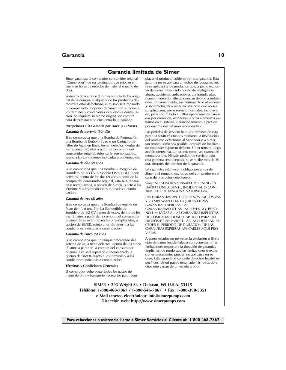 Garantía 10, Garantía limitada de simer | Simer Pumps M40P-03 User Manual | Page 10 / 12