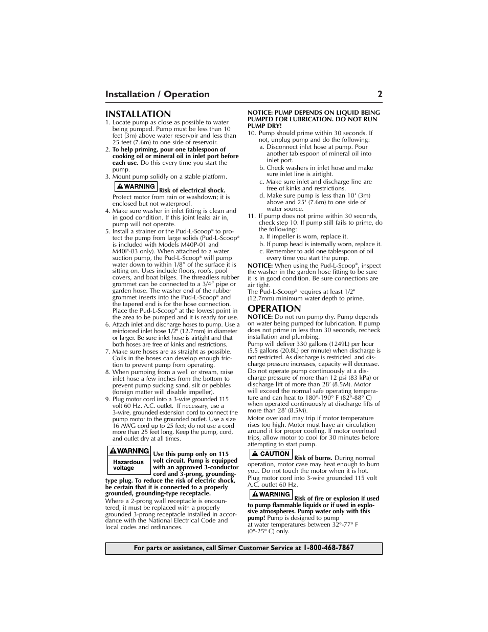 Installation / operation 2, Installation, Operation | Simer Pumps M40P-03 User Manual | Page 2 / 12