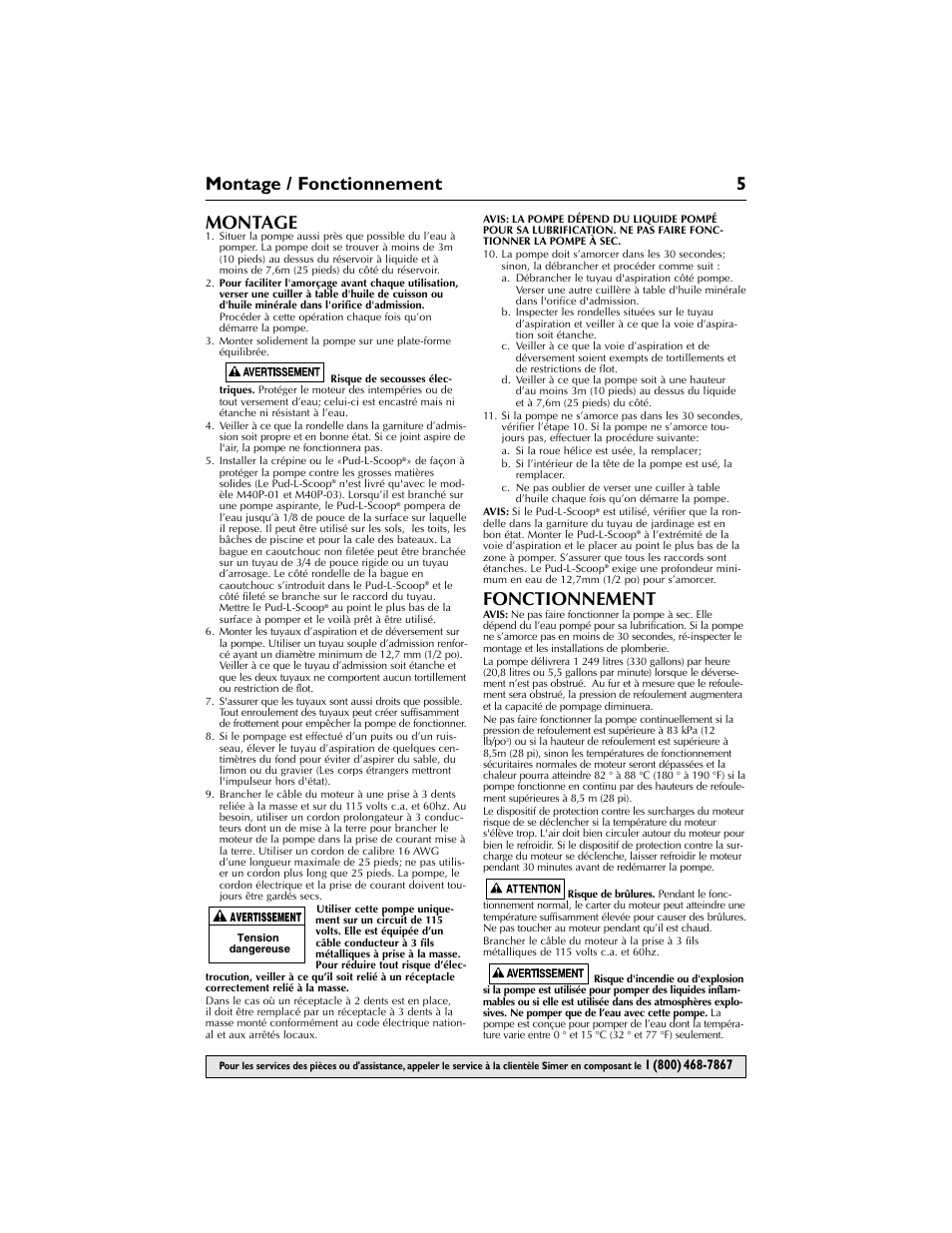 Montage / fonctionnement 5 montage, Fonctionnement | Simer Pumps M40P-03 User Manual | Page 5 / 12