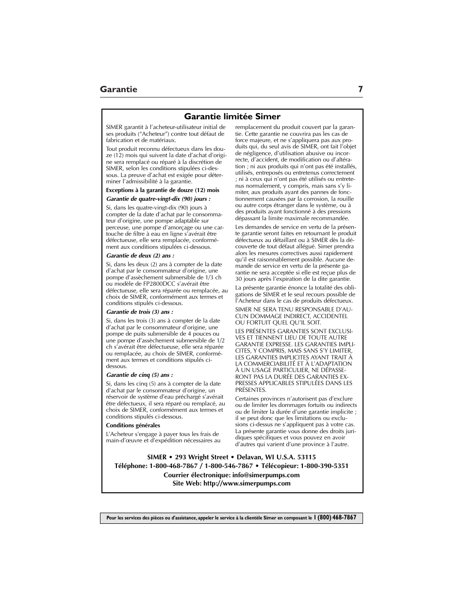 Garantie 7, Garantie limitée simer | Simer Pumps M40P-03 User Manual | Page 7 / 12