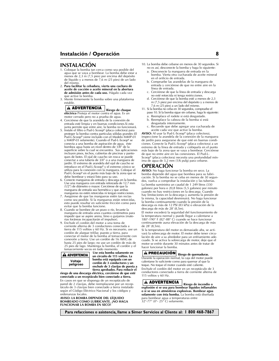 Instalación / operación 8 instalación, Operación, Advertencia | Simer Pumps M40P-03 User Manual | Page 8 / 12