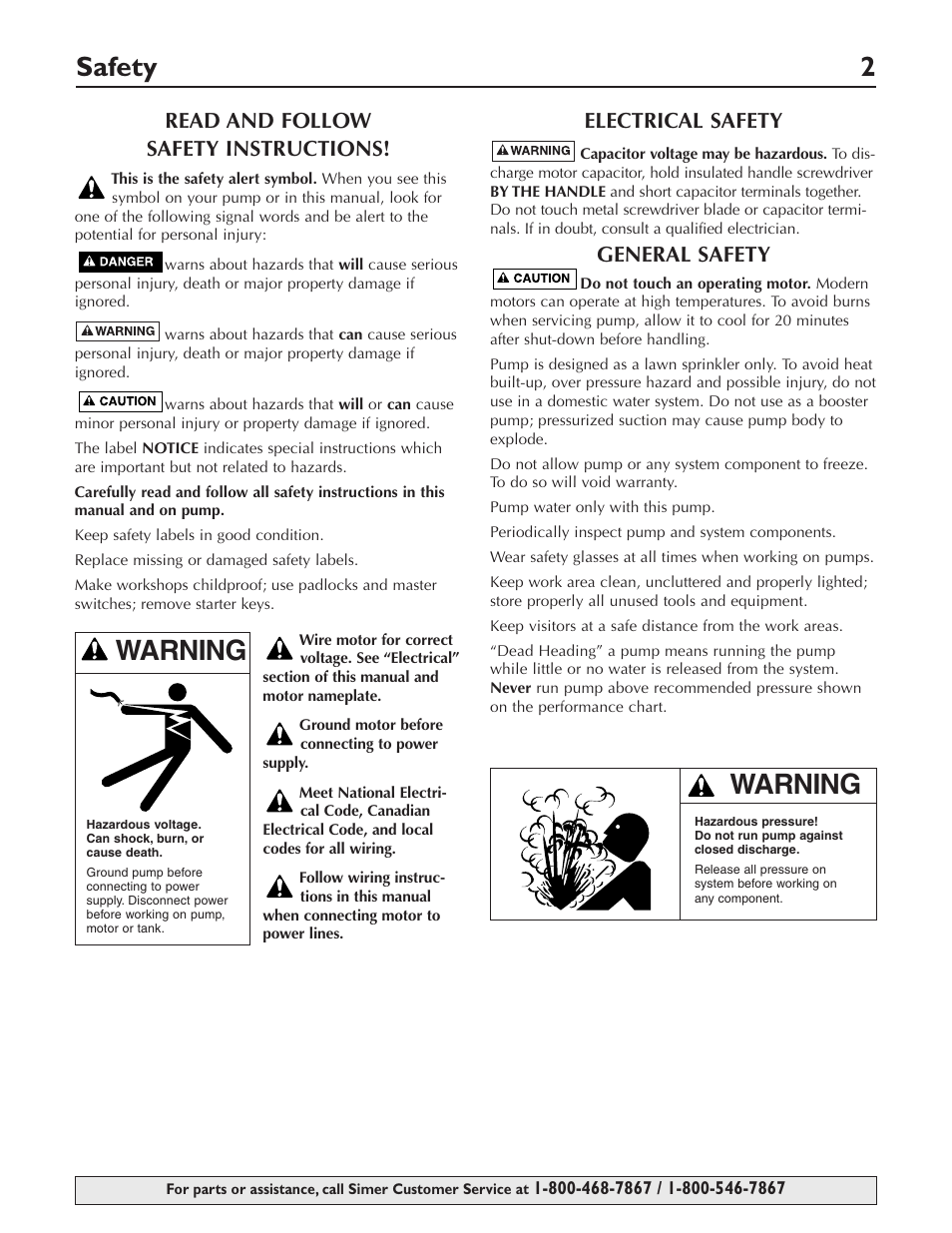 Safety 2, Warning, Read and follow safety instructions | Electrical safety, General safety | Simer Pumps 3415P User Manual | Page 2 / 28