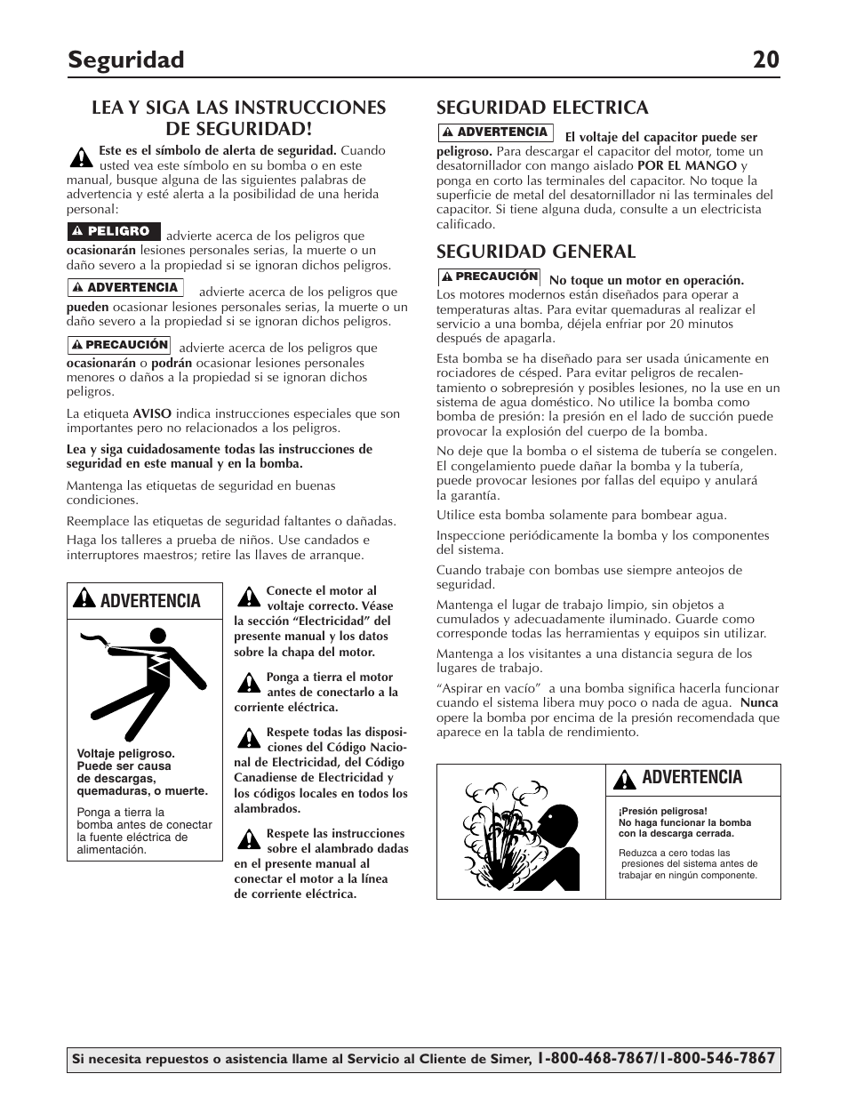 Seguridad 20, Lea y siga las instrucciones de seguridad, Seguridad electrica | Seguridad general, Advertencia | Simer Pumps 3415P User Manual | Page 20 / 28