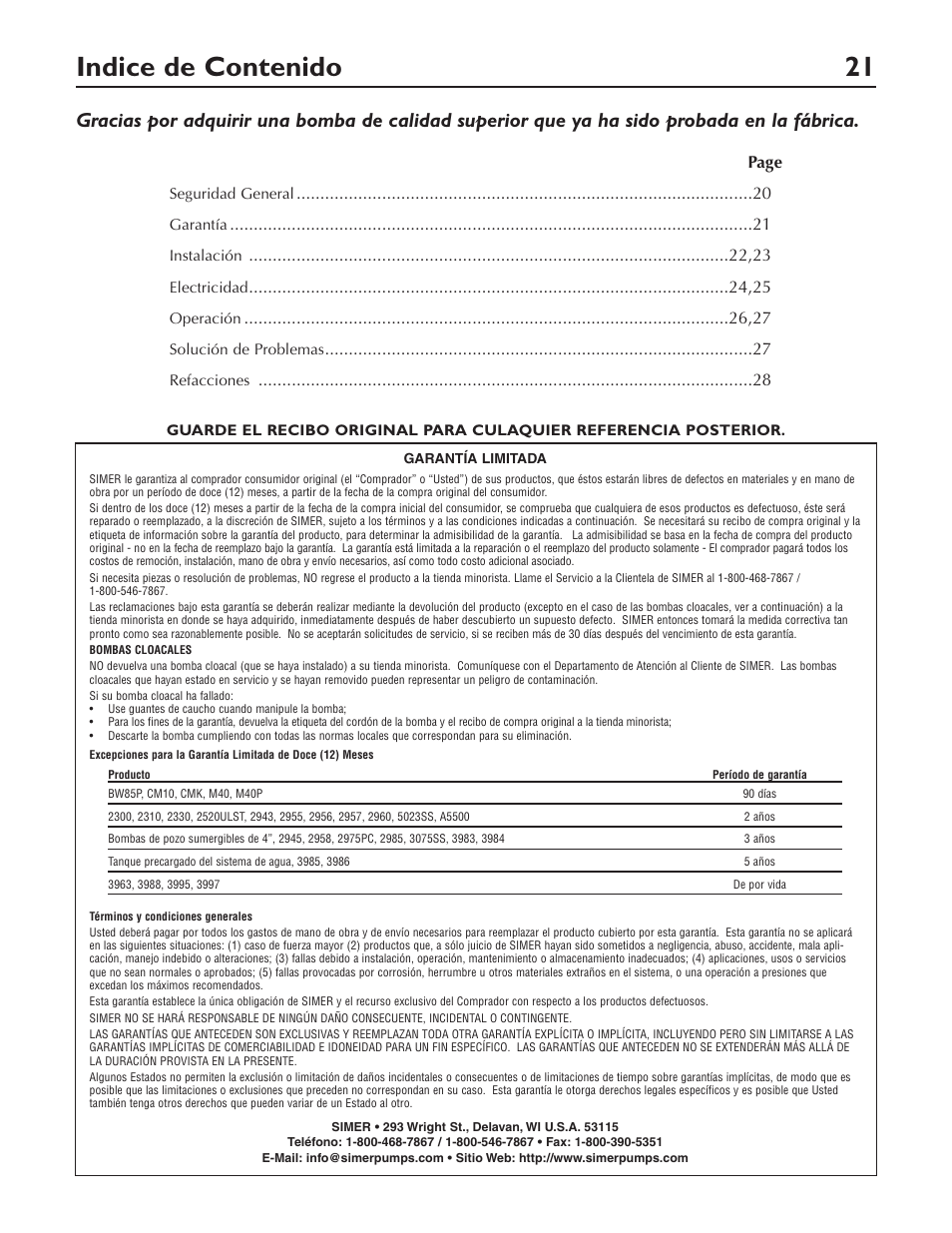 Simer Pumps 3415P User Manual | Page 21 / 28