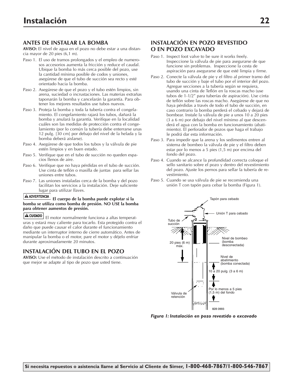 Instalación 22, Antes de instalar la bomba, Instalación del tubo en el pozo | Instalación en pozo revestido o en pozo excavado | Simer Pumps 3415P User Manual | Page 22 / 28