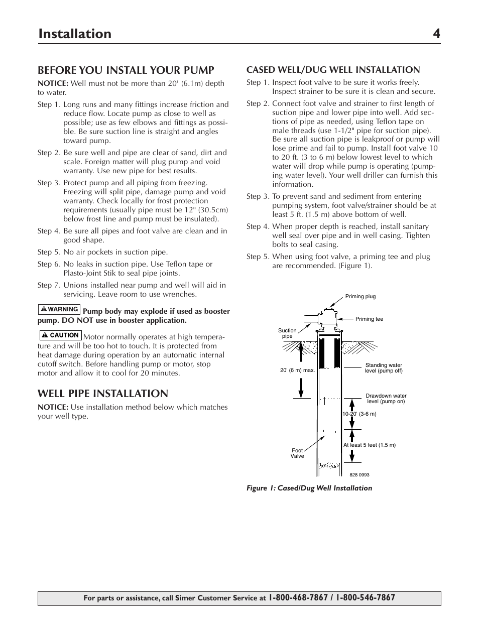 Installation 4, Before you install your pump, Well pipe installation | Cased well/dug well installation | Simer Pumps 3415P User Manual | Page 4 / 28