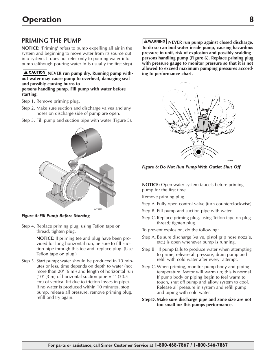 Operation 8, Priming the pump | Simer Pumps 3415P User Manual | Page 8 / 28