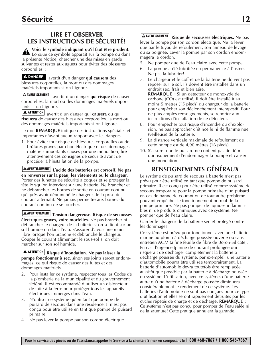 Sécurité 12, Lire et observer les instructions de sécurité, Renseignements généraux | Simer Pumps Battery Backup System A5000-04 User Manual | Page 12 / 32