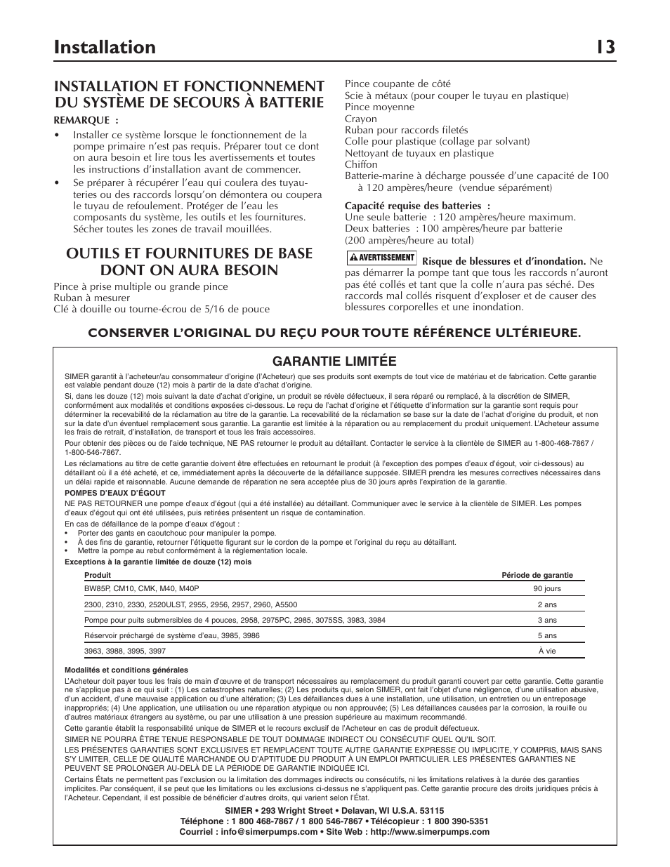 Installation 13, Outils et fournitures de base dont on aura besoin, Garantie limitée | Simer Pumps Battery Backup System A5000-04 User Manual | Page 13 / 32