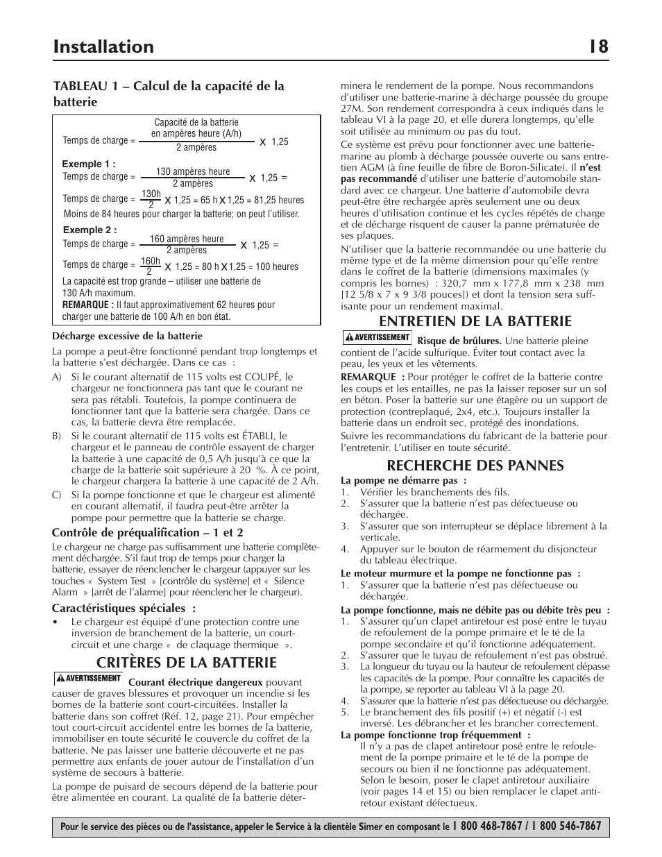 Installation 18, Critères de la batterie, Entretien de la batterie | Recherche des pannes | Simer Pumps Battery Backup System A5000-04 User Manual | Page 18 / 32