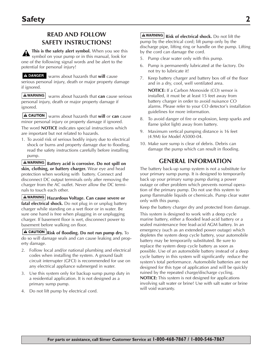 Safety 2, Read and follow safety instructions, General information | Simer Pumps Battery Backup System A5000-04 User Manual | Page 2 / 32