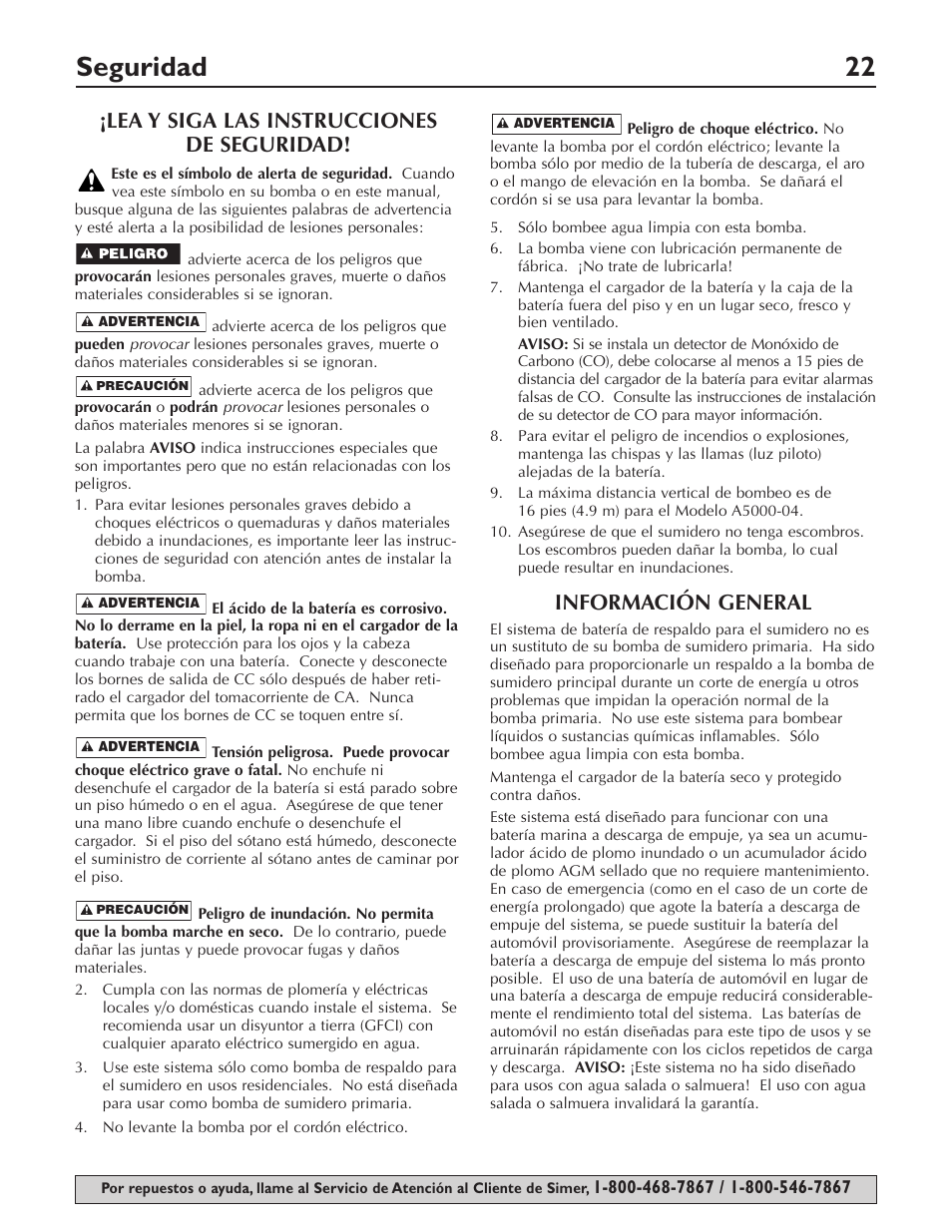 Seguridad 22, Lea y siga las instrucciones de seguridad, Información general | Simer Pumps Battery Backup System A5000-04 User Manual | Page 22 / 32