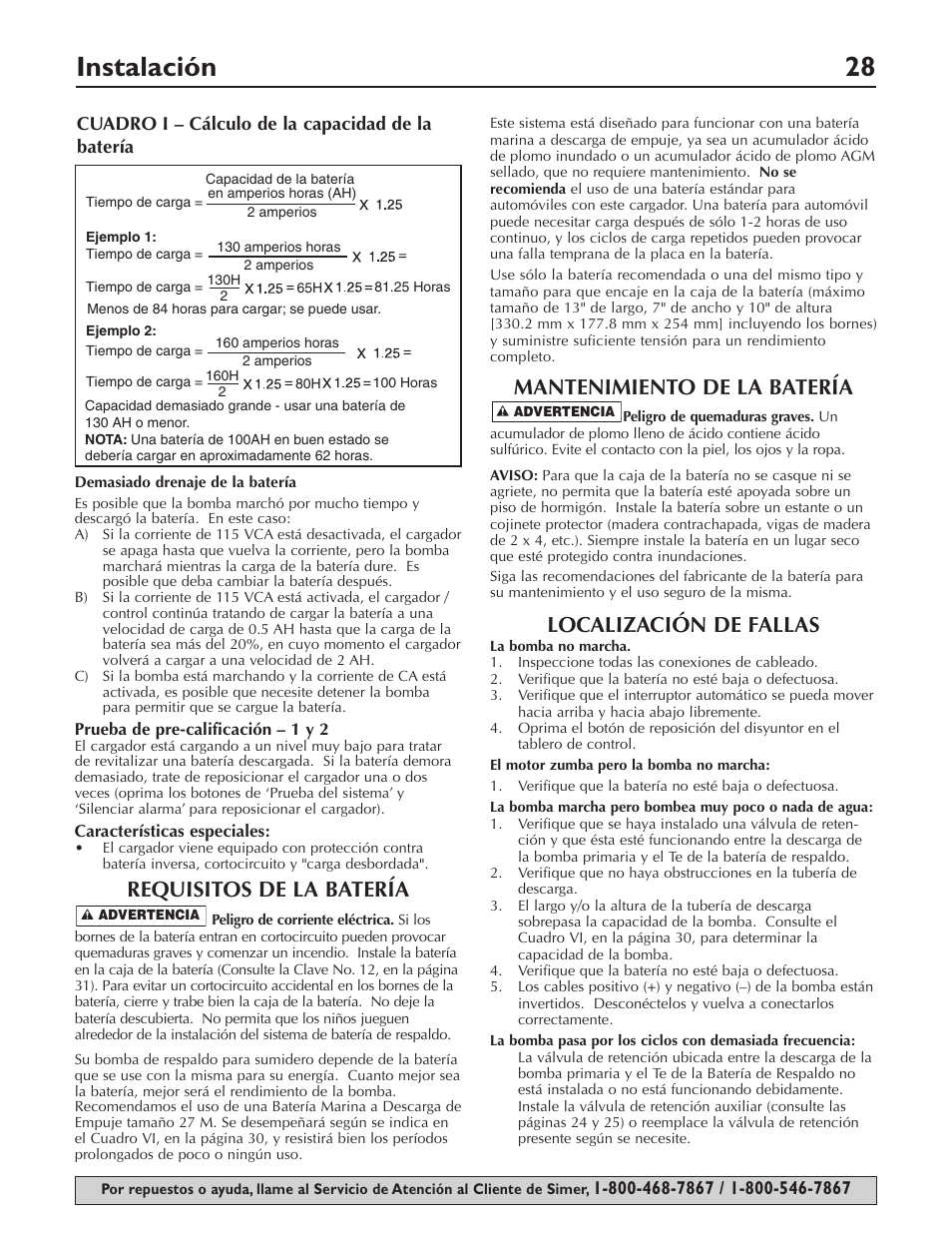 Instalación 28, Requisitos de la batería, Mantenimiento de la batería | Localización de fallas | Simer Pumps Battery Backup System A5000-04 User Manual | Page 28 / 32