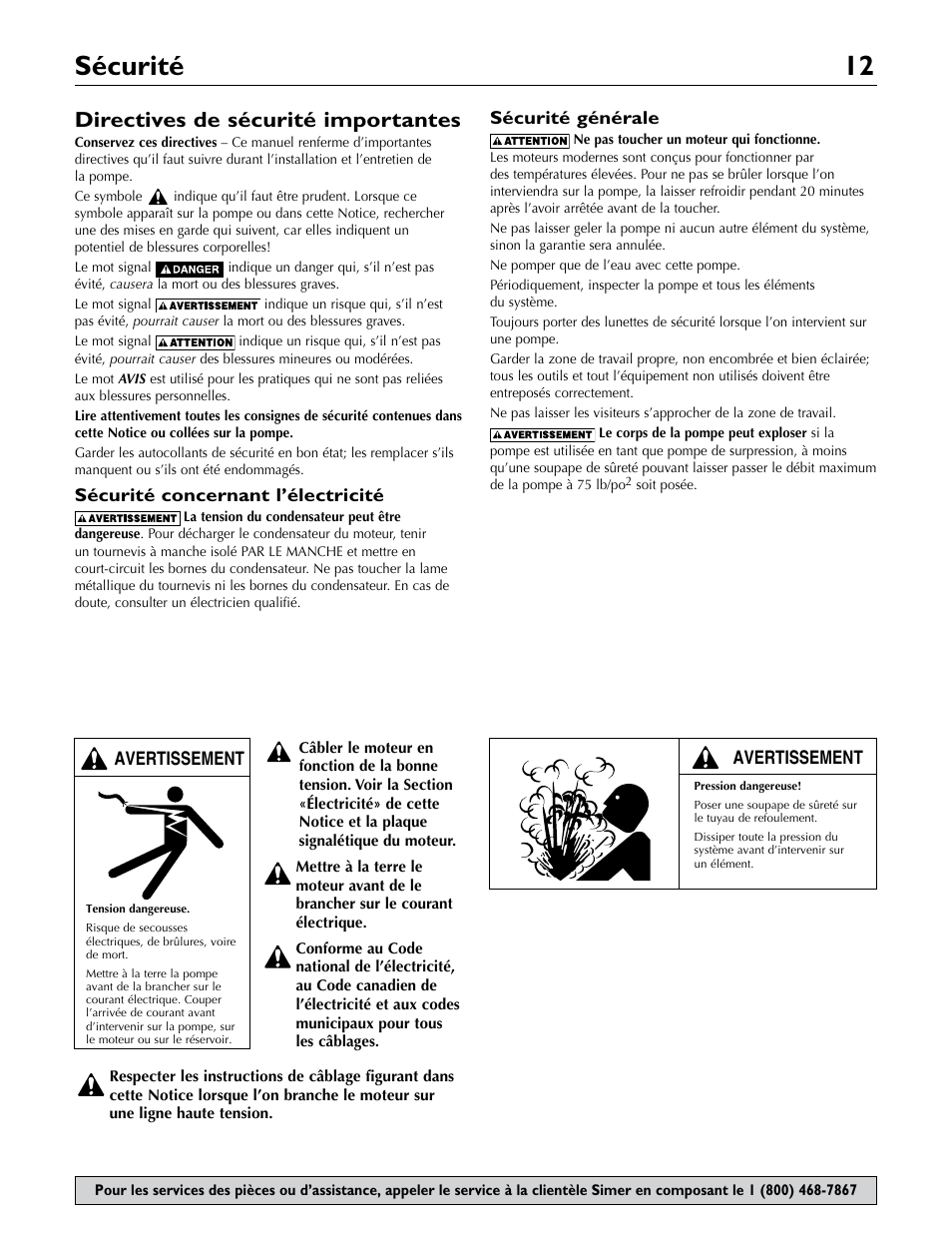 Sécurité 12, Di rectives de sécurité importantes, Sécurité concernant l’électricité | Sécurité générale, Avertissement | Simer Pumps 2806E User Manual | Page 12 / 32