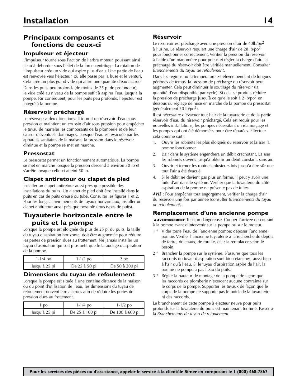Installation 14, Pr incipaux composants et fonctions de ceux-ci, Tu yauterie horizontale entre le puits et la pompe | Simer Pumps 2806E User Manual | Page 14 / 32