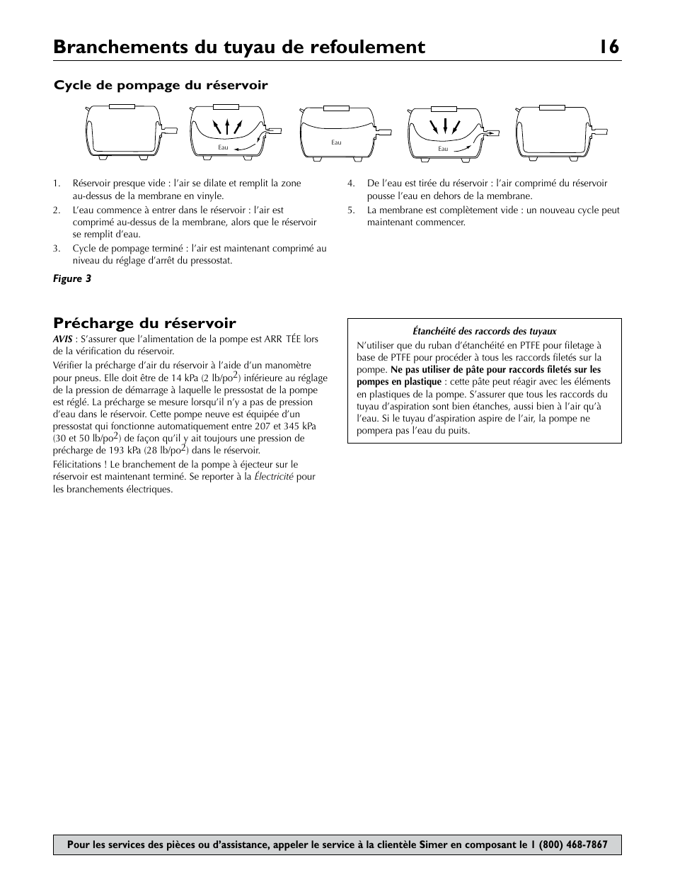 Branchements du tuyau de refoulement 16, Précharge du réservoir | Simer Pumps 2806E User Manual | Page 16 / 32