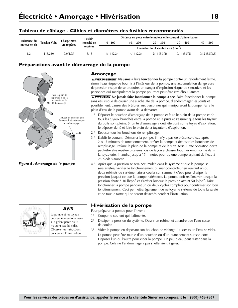 Électricité • amorçage • hivérisation 18, Amorçage, Hivérisation de la pompe | Préparations avant le démarrage de la pompe, Avis | Simer Pumps 2806E User Manual | Page 18 / 32