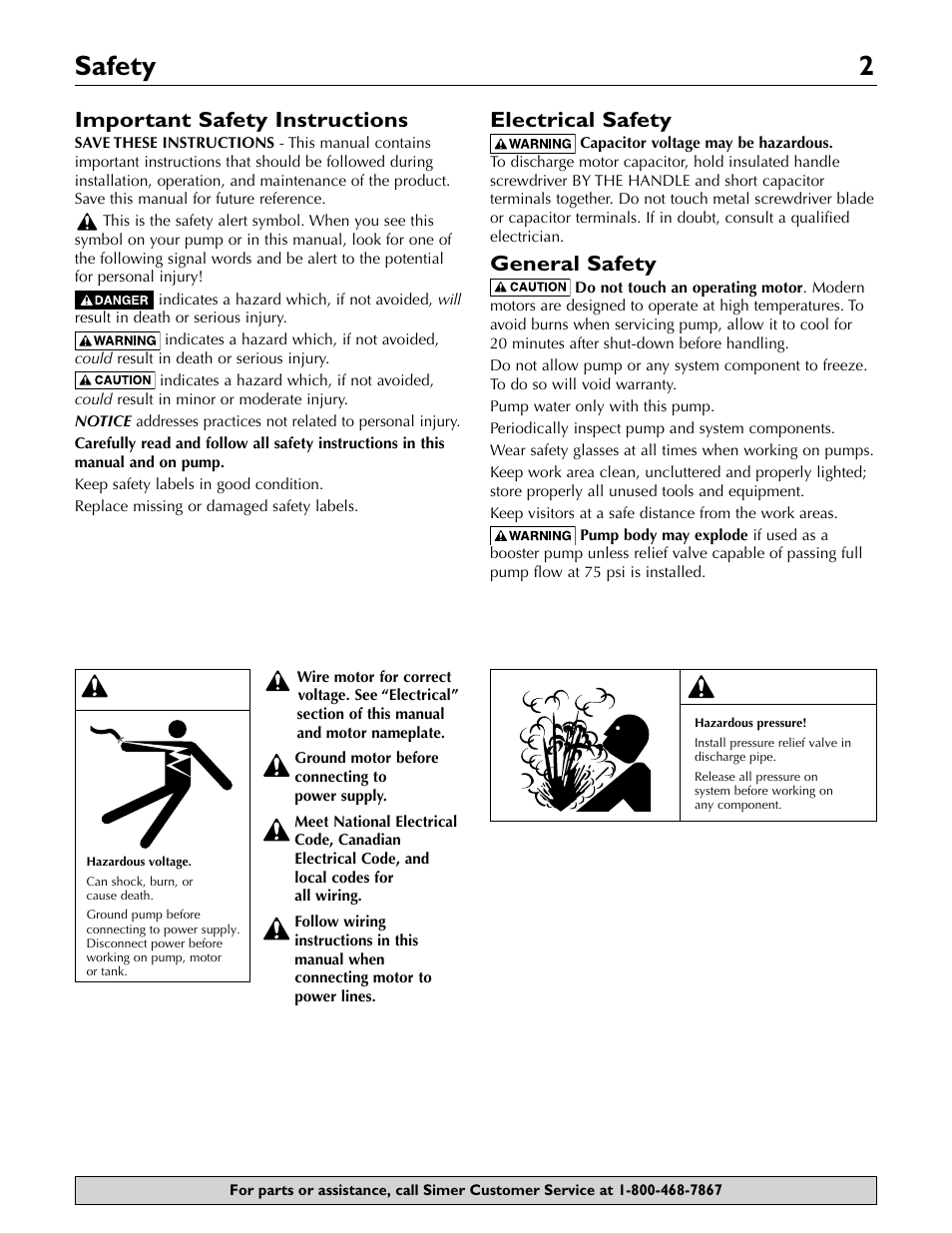 Safety 2, Warning, Important safety instructions | Electrical safety, General safety | Simer Pumps 2806E User Manual | Page 2 / 32