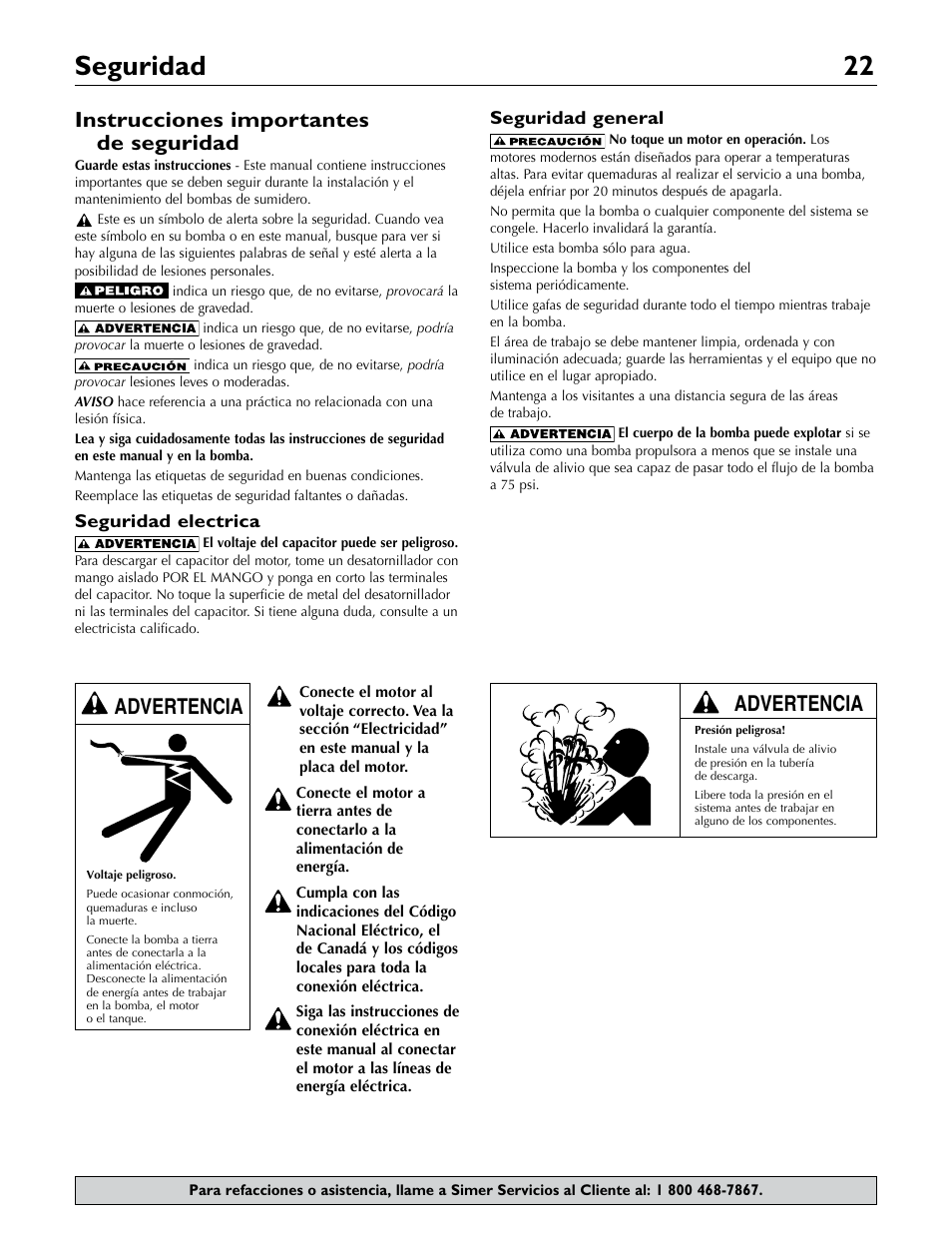 Seguridad 22, Advertencia, Seguridad electrica | Seguridad general | Simer Pumps 2806E User Manual | Page 22 / 32