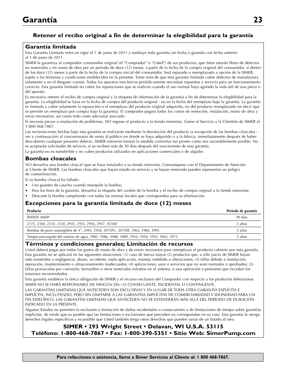 Garantía 23 | Simer Pumps 2806E User Manual | Page 23 / 32