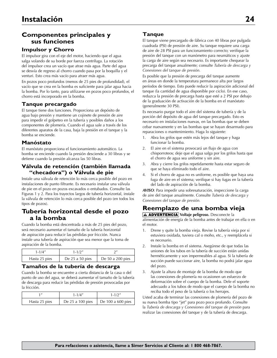 Instalación 24, Co mponentes principales y sus funciones, Tu bería horizontal desde el pozo a la bomba | Reemplazo de una bomba vieja | Simer Pumps 2806E User Manual | Page 24 / 32