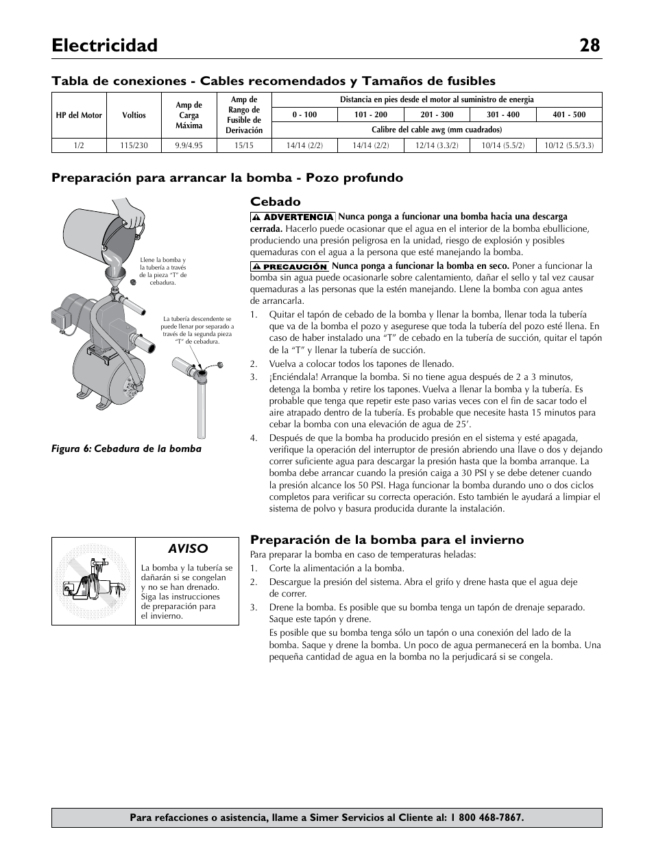Electricidad 28, Cebado, Preparación de la bomba para el invierno | Simer Pumps 2806E User Manual | Page 28 / 32