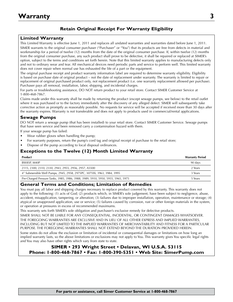 Warranty 3 | Simer Pumps 2806E User Manual | Page 3 / 32