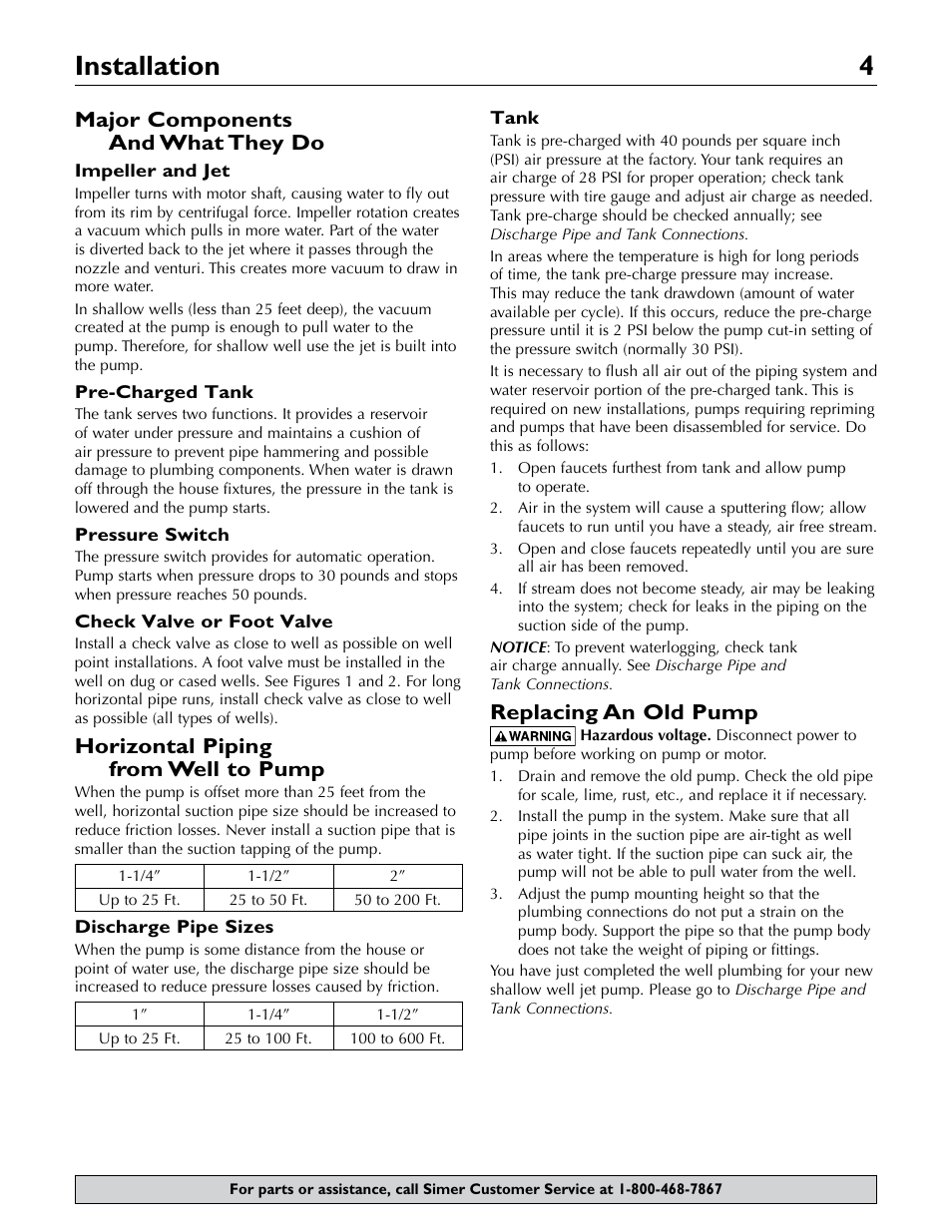 Installation 4, Ma jor components and what they do, Ho rizontal piping from well to pump | Replacing an old pump | Simer Pumps 2806E User Manual | Page 4 / 32
