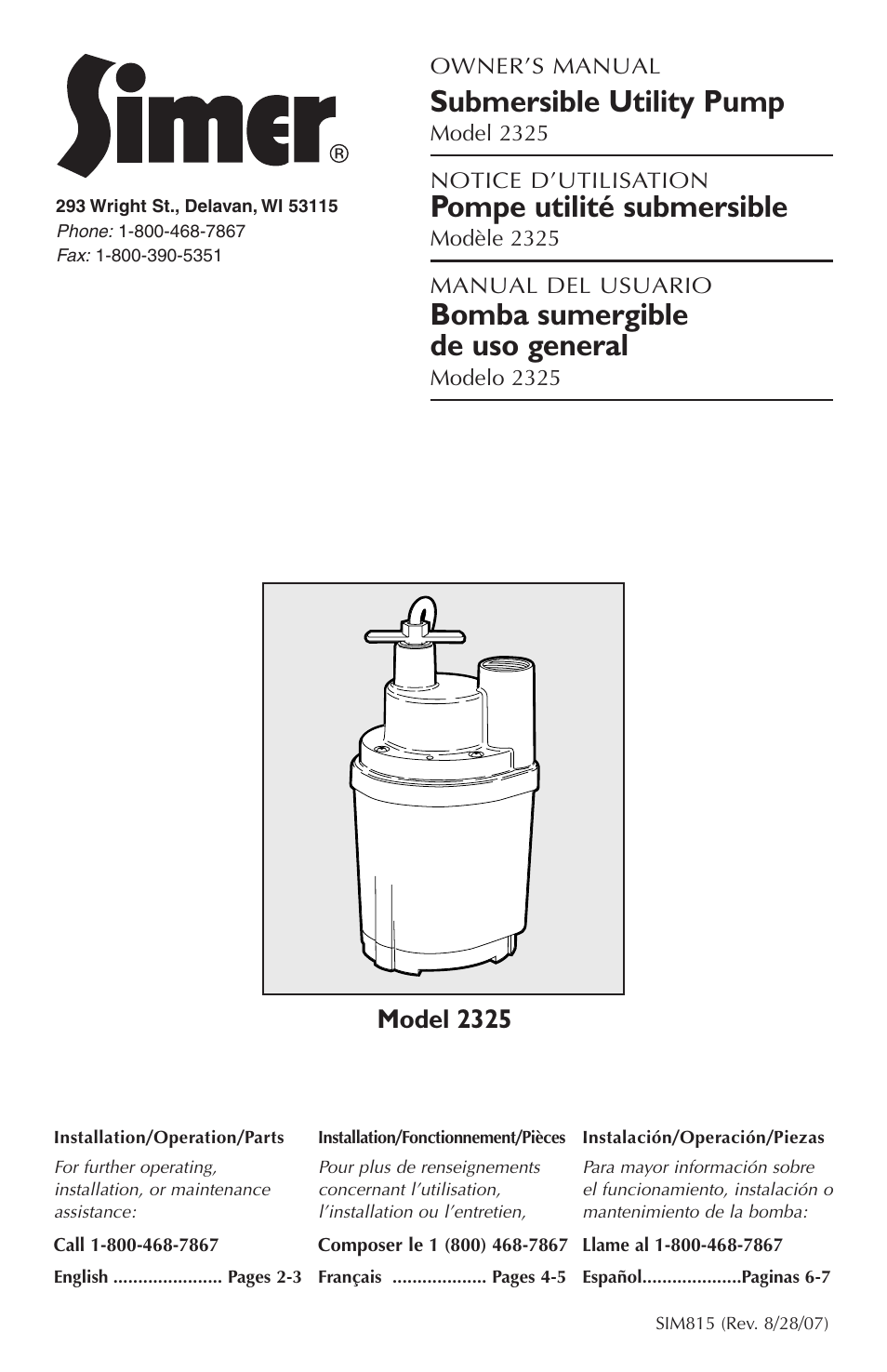 Simer Pumps 2325 User Manual | 8 pages