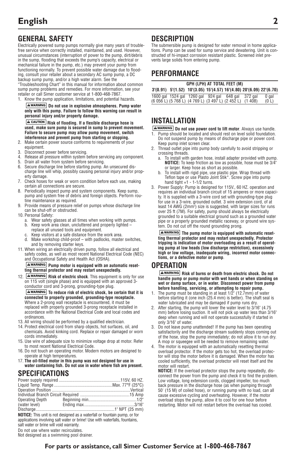 English 2, Specifications, Description | Performance installation, Operation | Simer Pumps 2325 User Manual | Page 2 / 8