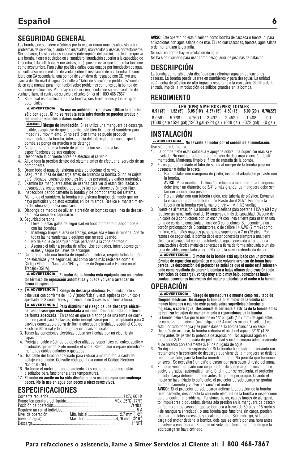 Español 6, Especificaciones, Descripción | Rendimiento instalación, Operación | Simer Pumps 2325 User Manual | Page 6 / 8