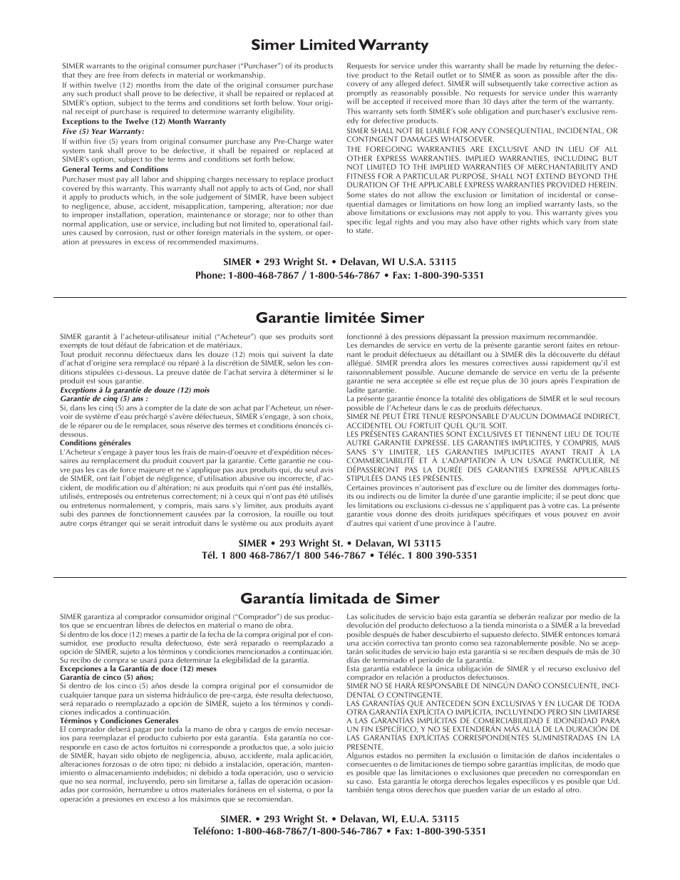 Simer limited warranty, Garantie limitée simer, Garantía limitada de simer | Simer Pumps 2110 User Manual | Page 12 / 12