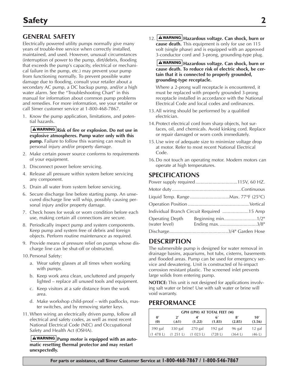 Safety 2, General safety, Specifications | Description, Performance | Simer Pumps 2110 User Manual | Page 2 / 12