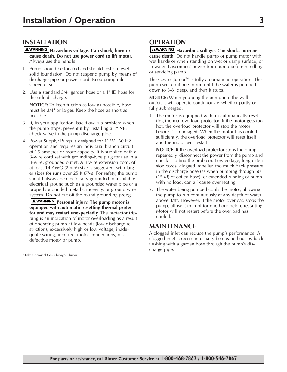 Installation / operation 3, Installation, Operation | Maintenance | Simer Pumps 2110 User Manual | Page 3 / 12