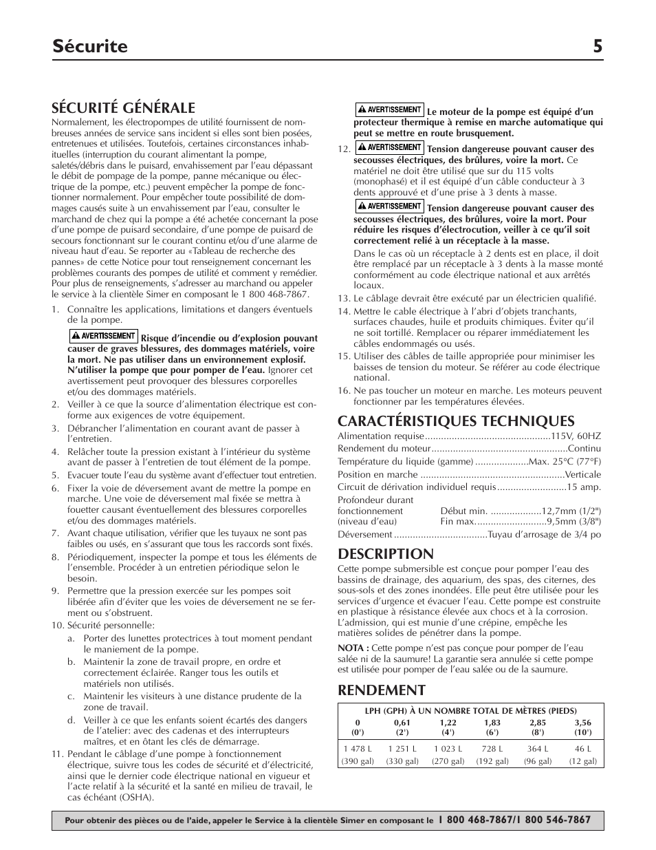 Sécurite 5, Sécurité générale, Caractéristiques techniques | Description, Rendement | Simer Pumps 2110 User Manual | Page 5 / 12