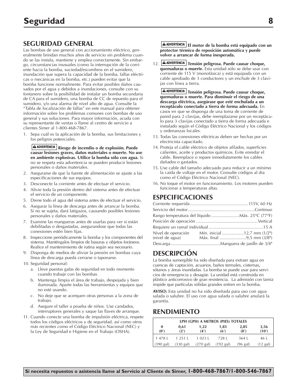 Seguridad 8, Seguridad general, Especificaciones | Descripción, Rendimiento | Simer Pumps 2110 User Manual | Page 8 / 12