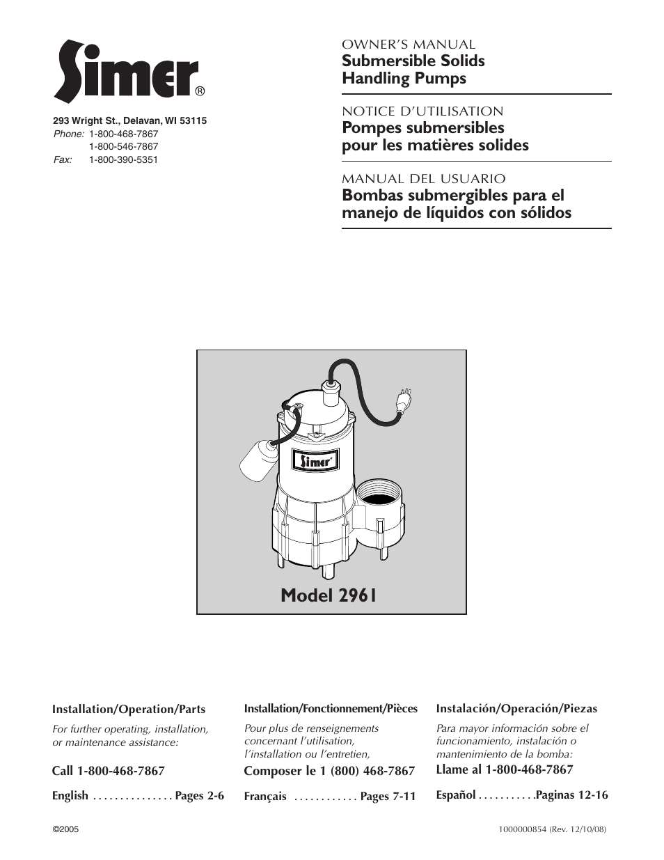 Simer Pumps SIMER 2961 User Manual | 16 pages